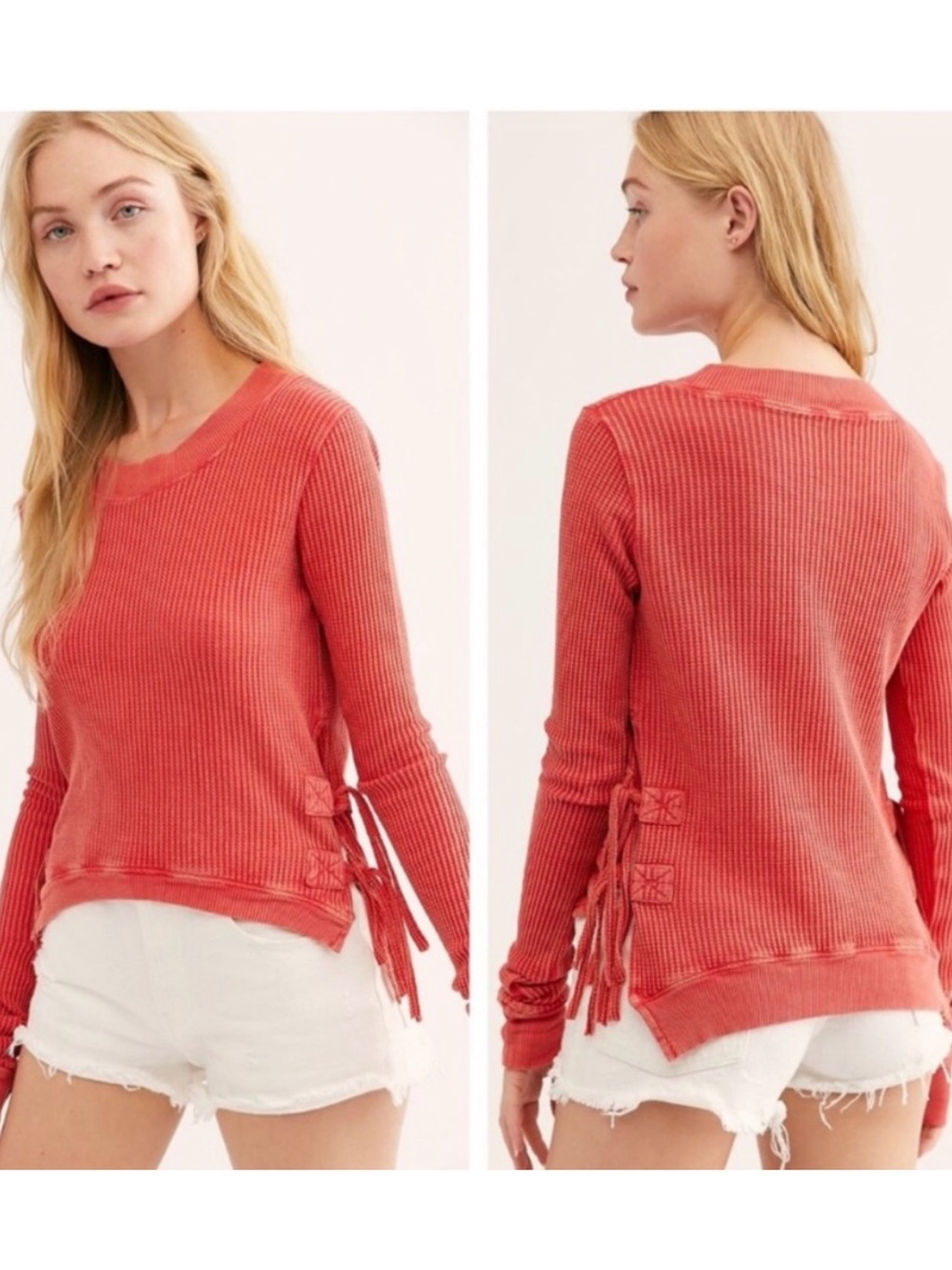 Free People One Interlaken Thermal Waffle Knit Long Sleeve Side Tie Red Top- XS